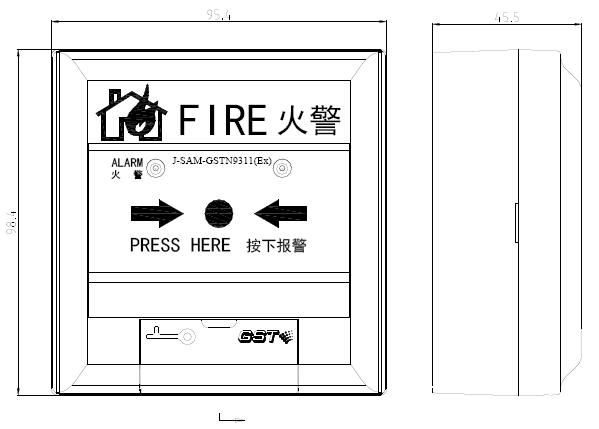 J-SAM-GSTN9311(Ex)防爆手動火災(zāi)報警按鈕外形示意圖