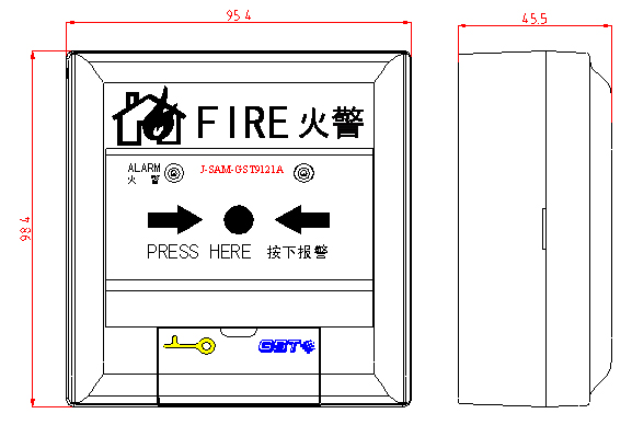 J-SAM-GST9121A手動火災(zāi)報警按鈕外形結(jié)構(gòu)示意圖